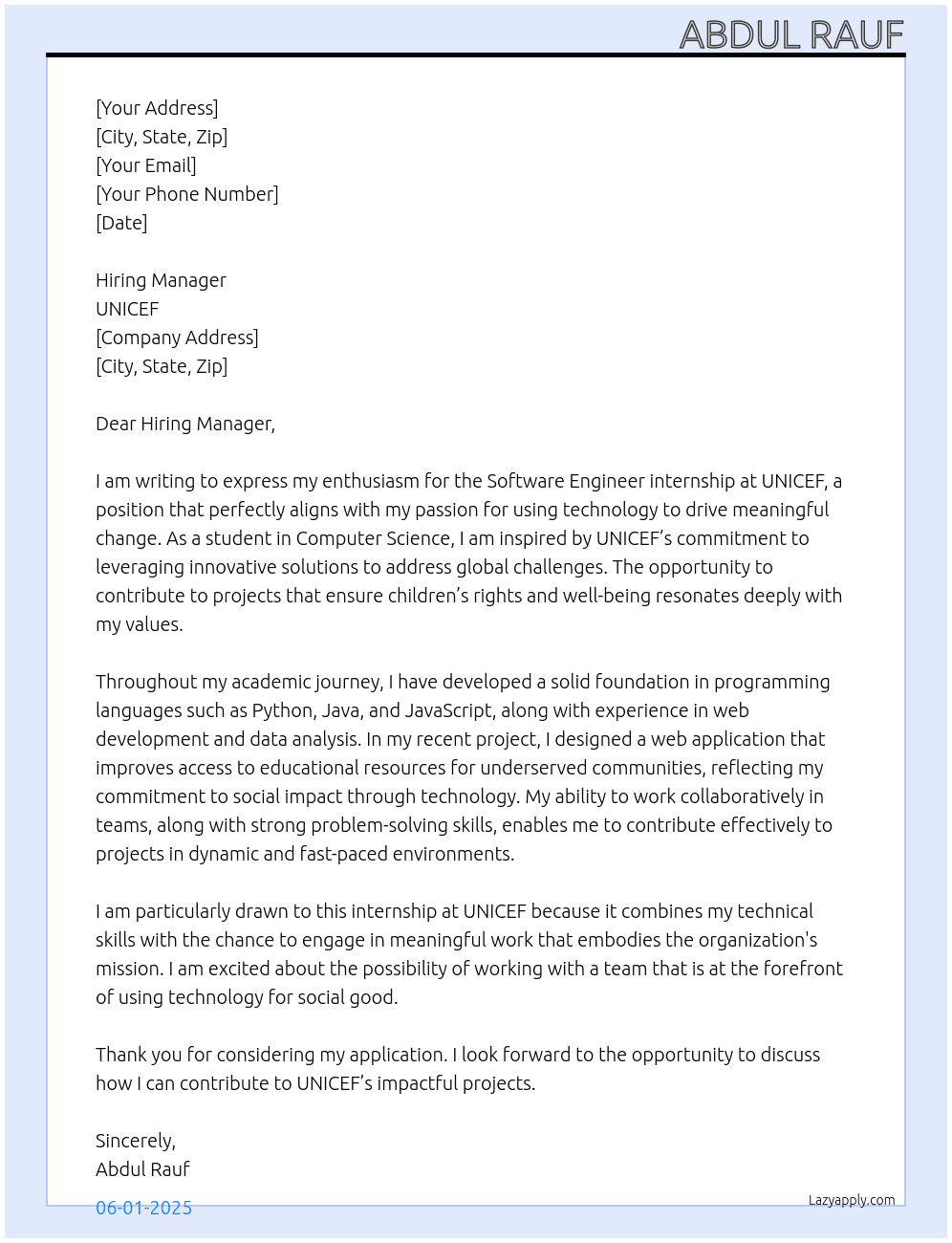 software engineer  At uniceff Cover Letter