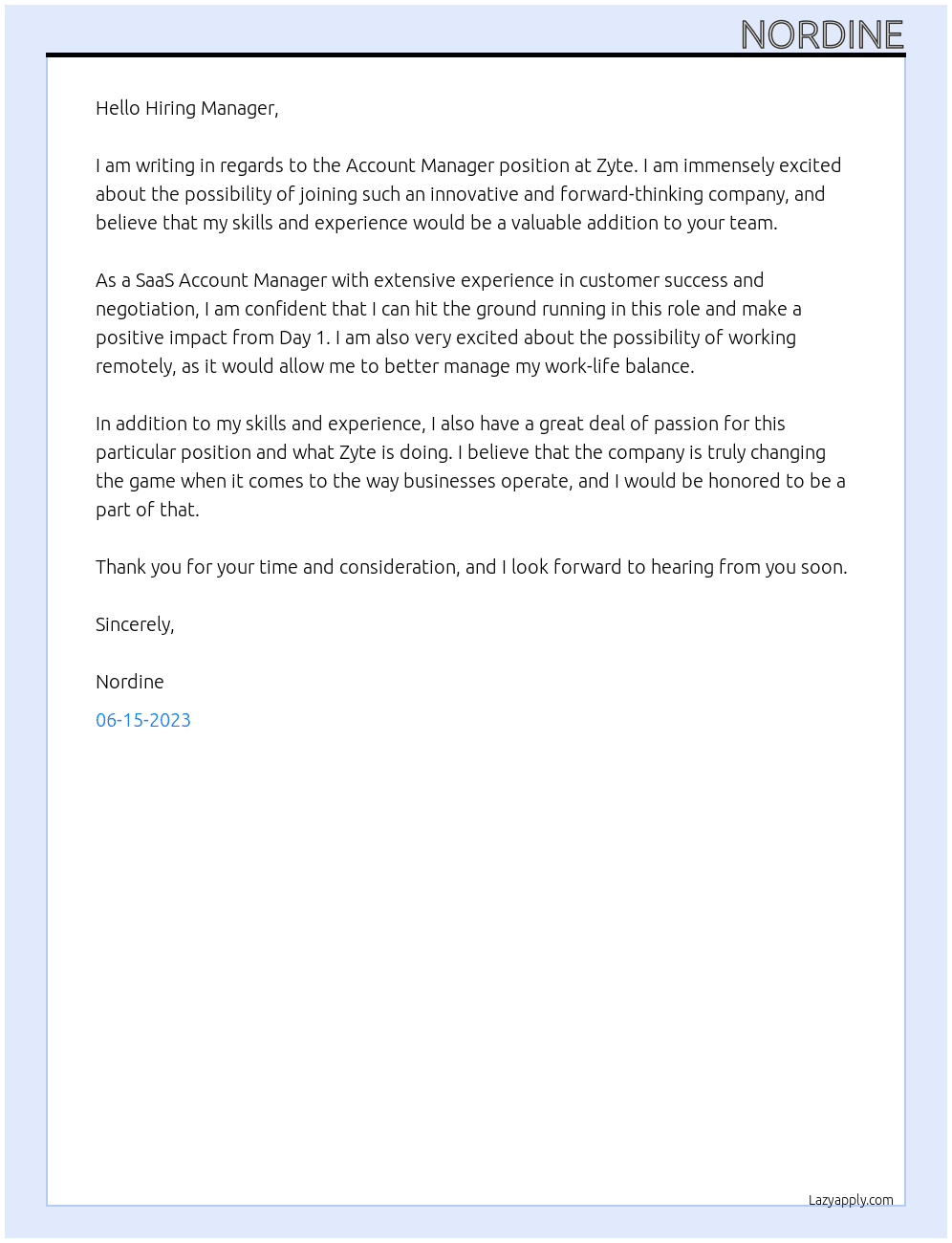 Account Manager At Zyte Cover Letter