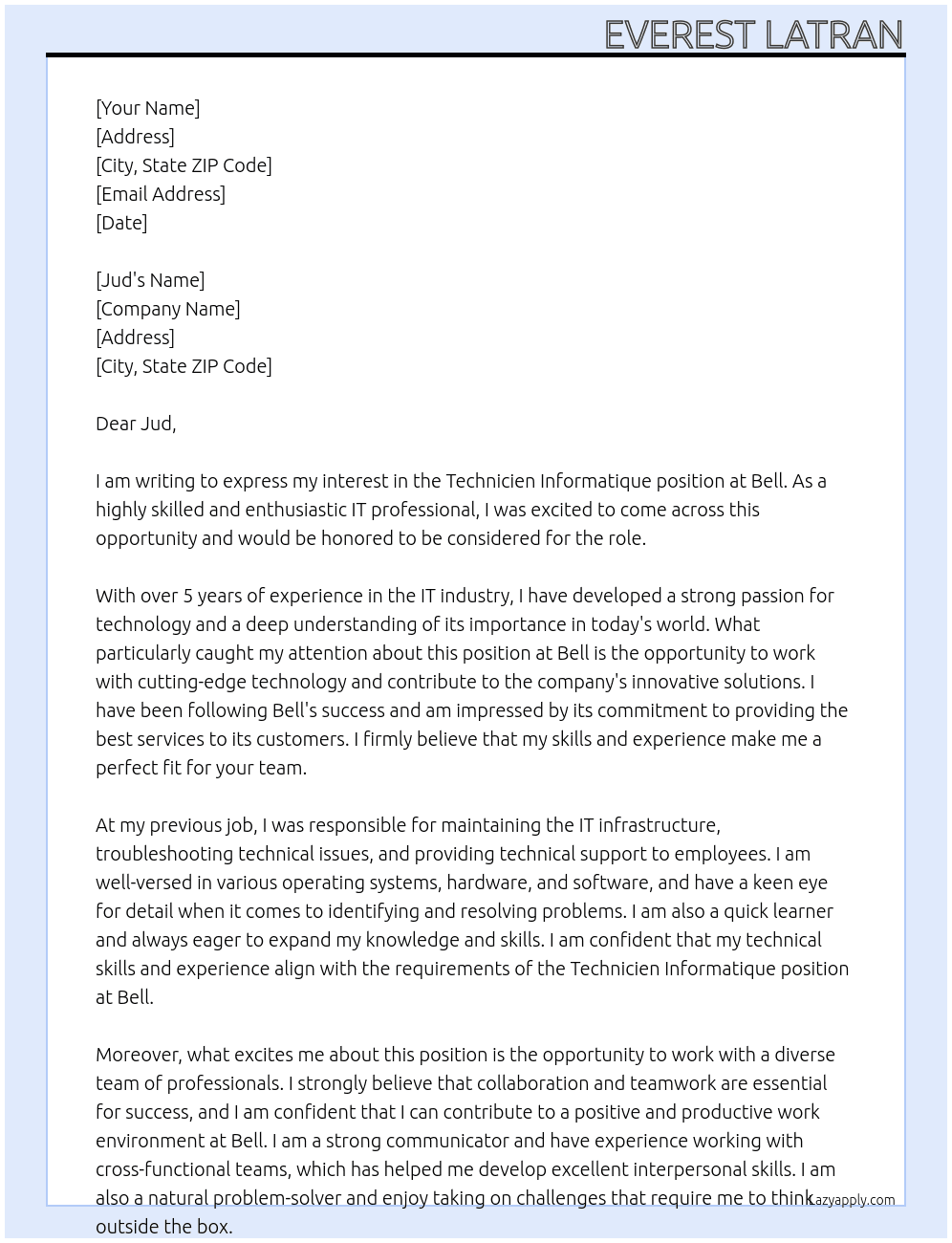 technicien informatique At Bell Cover Letter