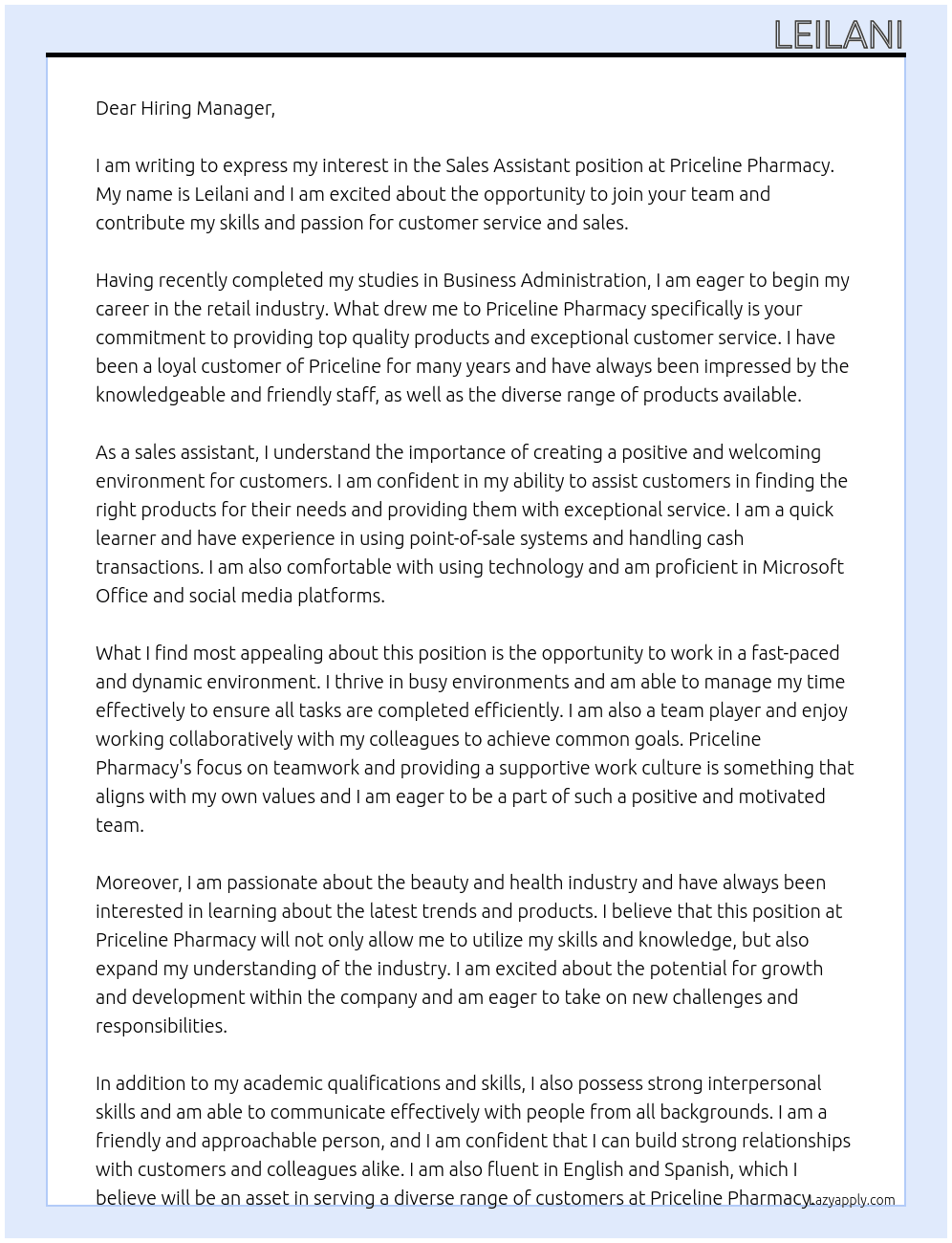 sales assistant At Priceline Pharmacy  Cover Letter