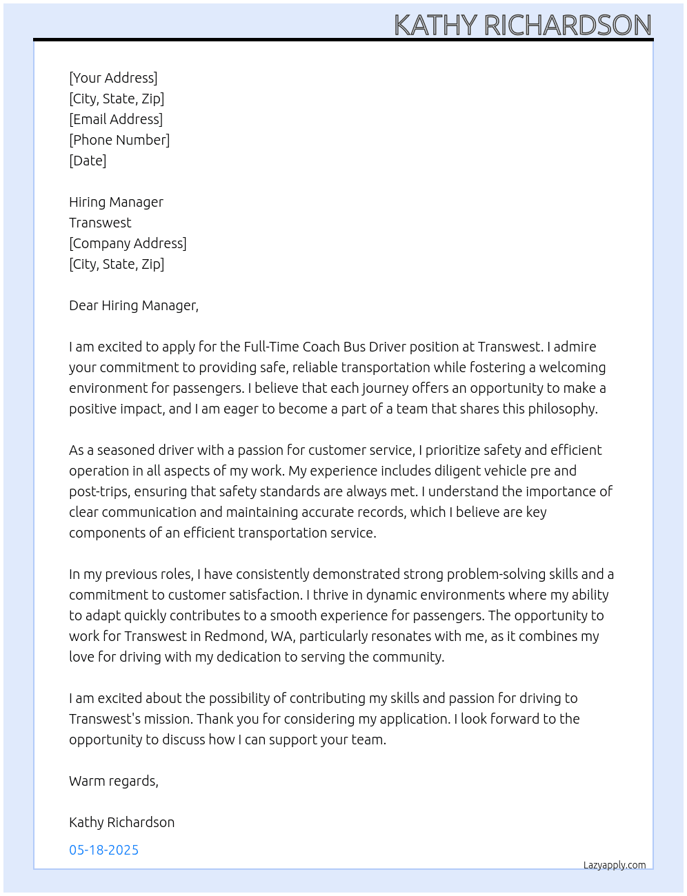 Coach Bus Driver At Transwest  Cover Letter