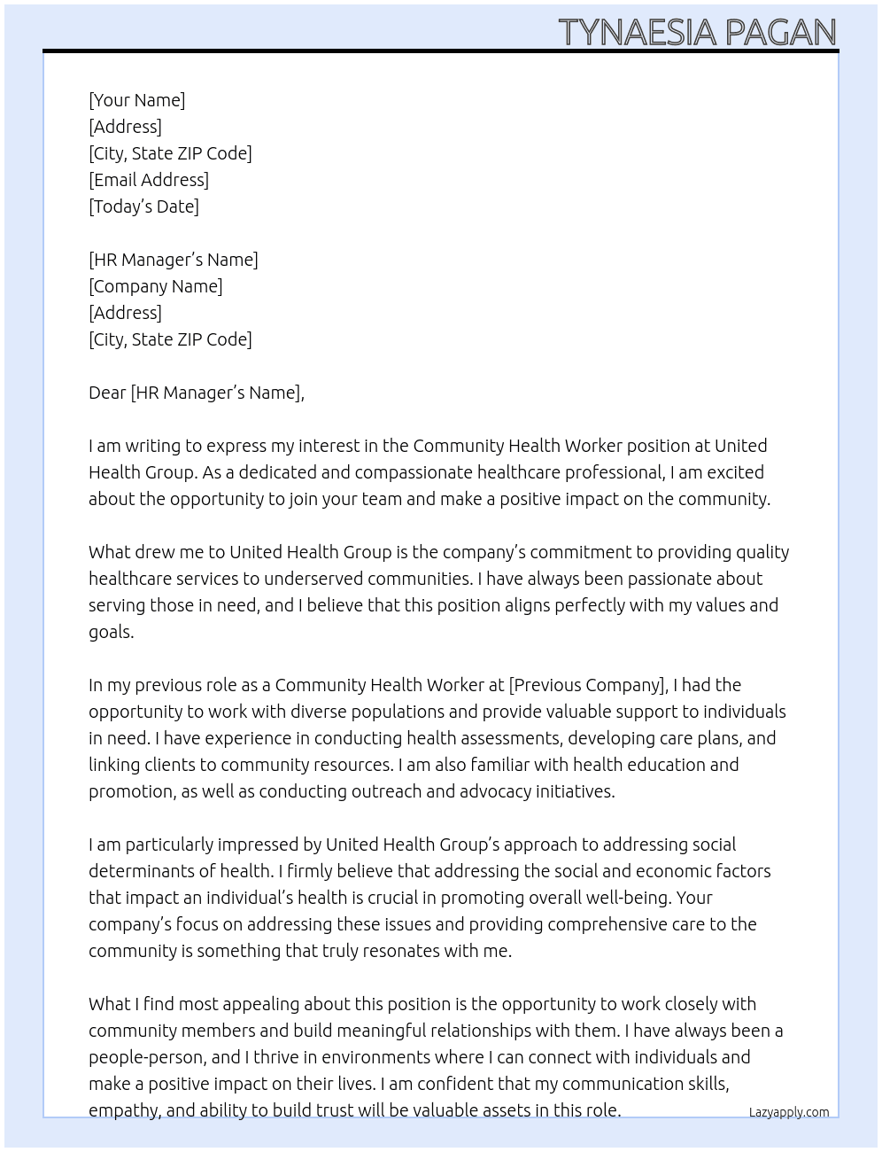Community Health Worker At United Health Group Cover Letter