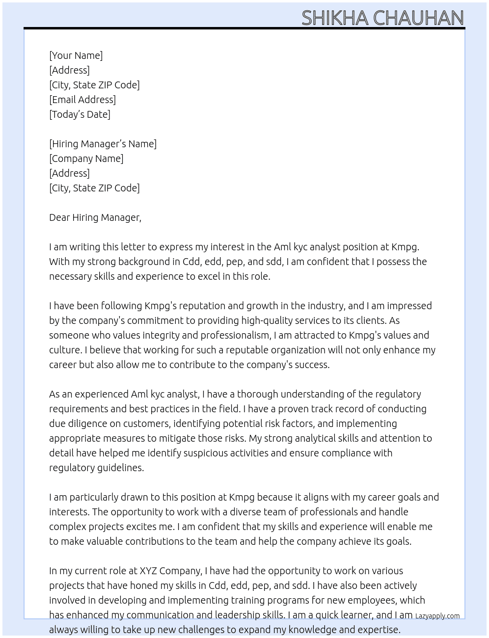 Aml kyc analyst  At Kmpg Cover Letter