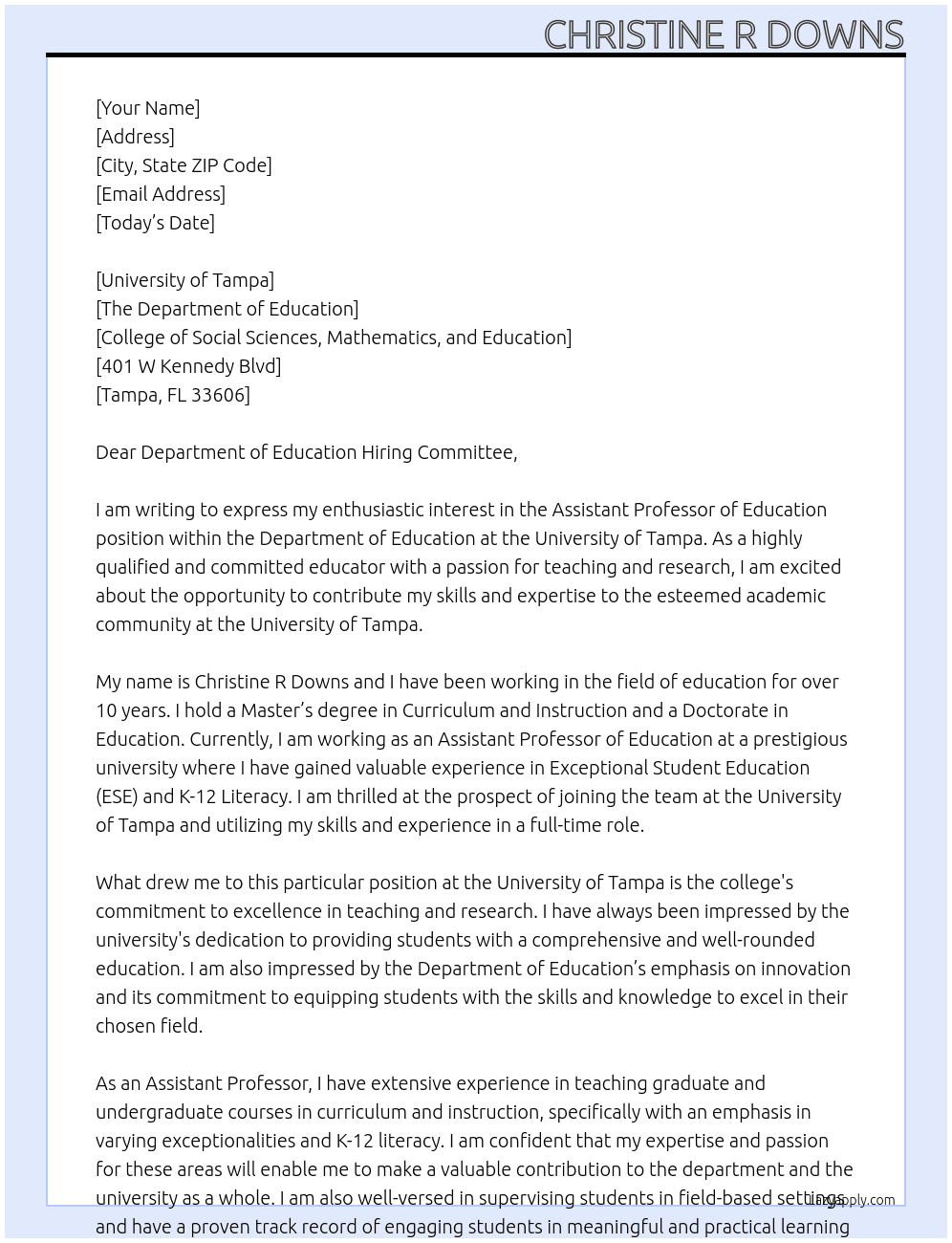 Assistant Professor of Education At University of Tampa Cover Letter