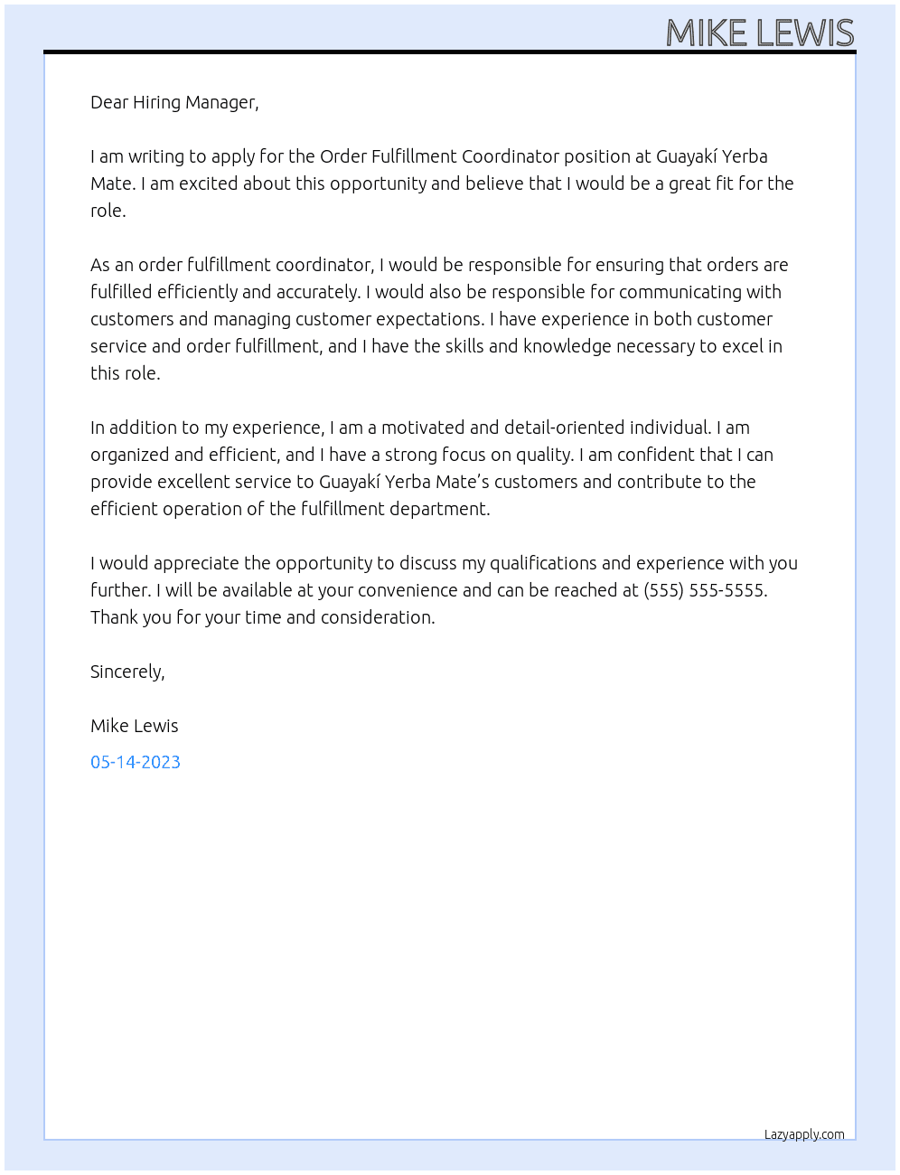 Order Fulfillment Coordinator At Guayakí Yerba Mate Cover Letter