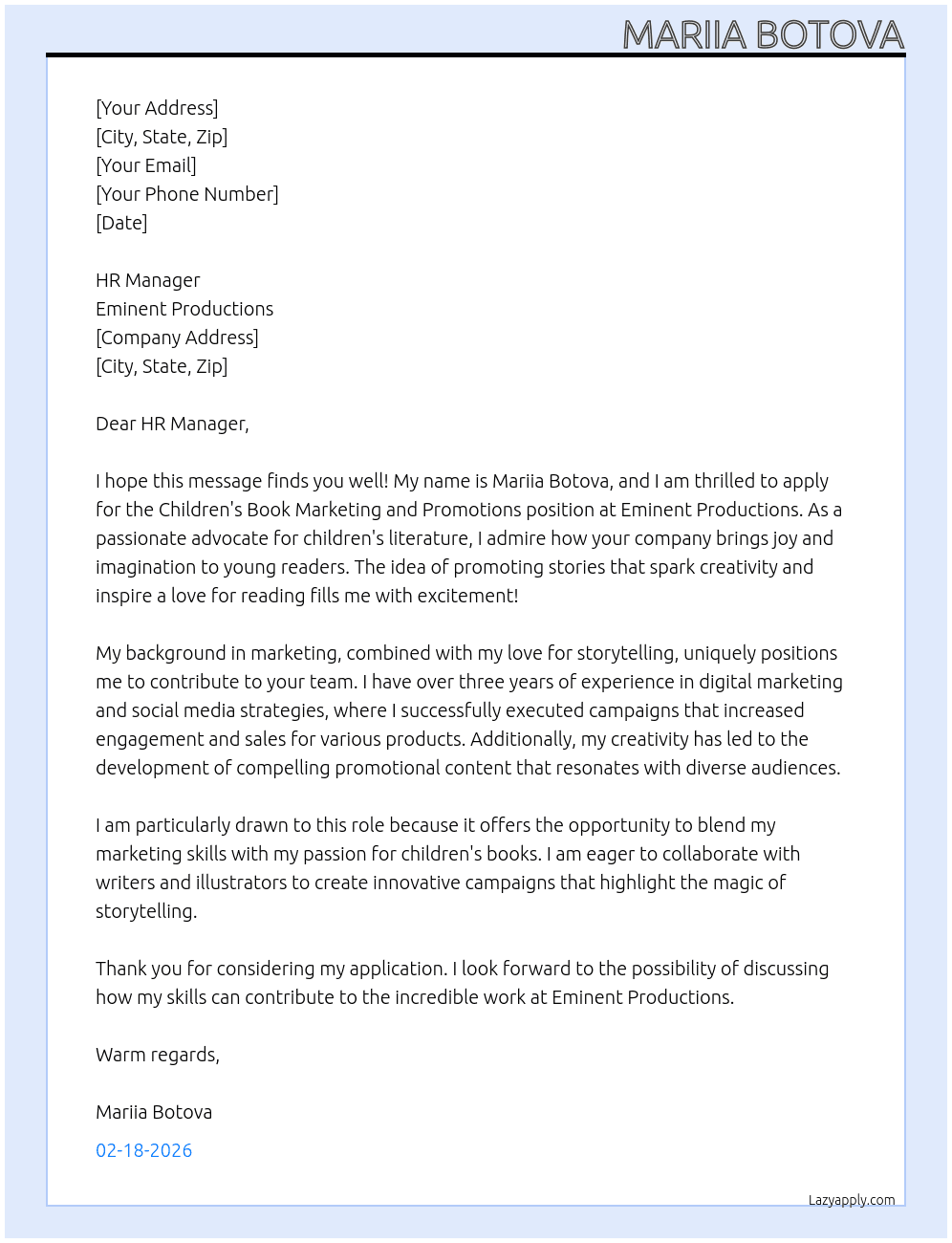 Children's Book Marketing and Promotions At Eminent Productions Cover Letter