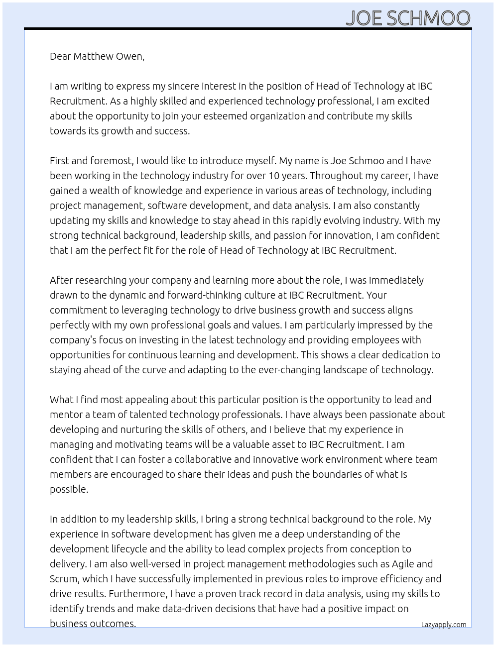 Head of Technology At IBC Recruitment Cover Letter
