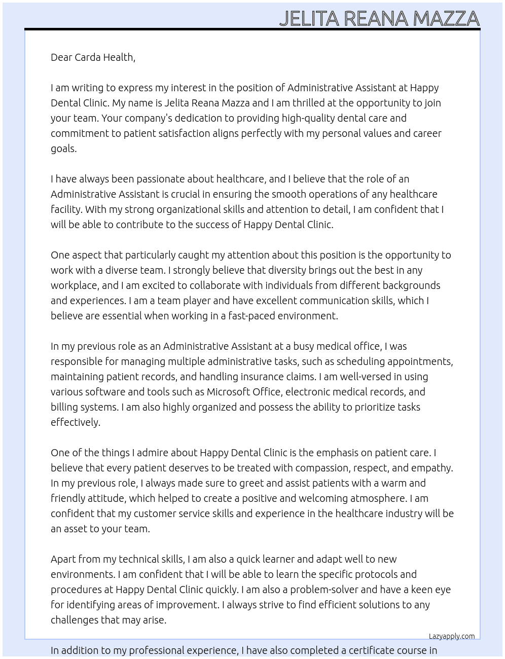 Administrative Assistant At Happy Dental Clinic Cover Letter