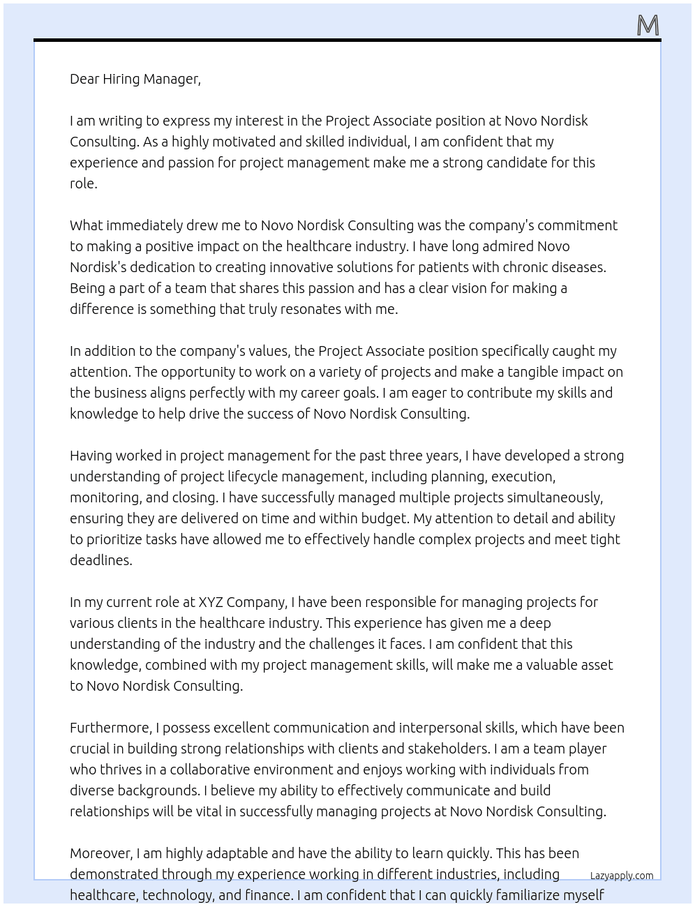 Project Associate At Novo Nordisk Consulting Cover Letter
