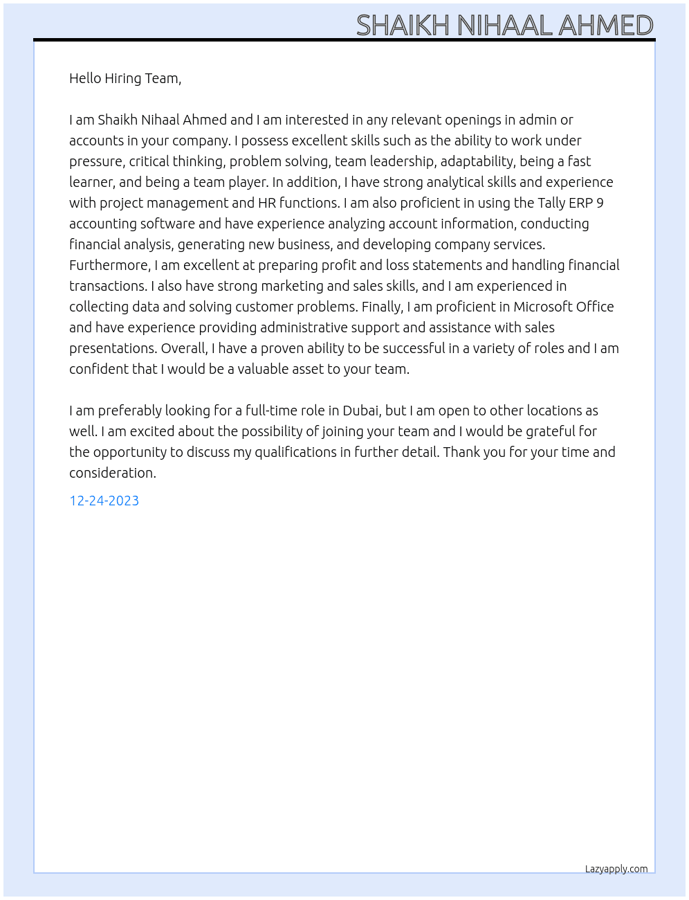 Any Relevant openings in admin or accounts At Dacha Cover Letter