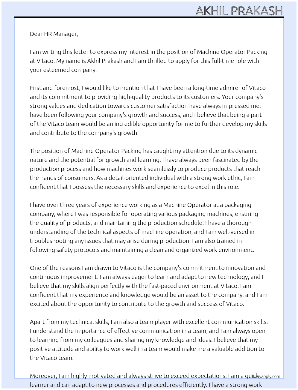 Machine Operator Packing At Vitaco Cover Letter