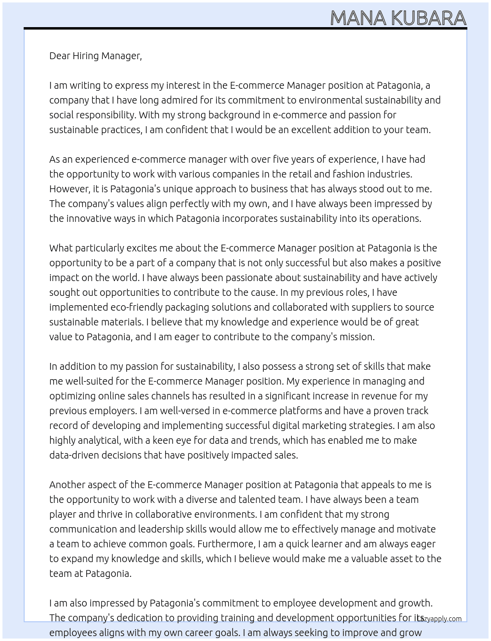 E-commerce manager At Patagonia Cover Letter