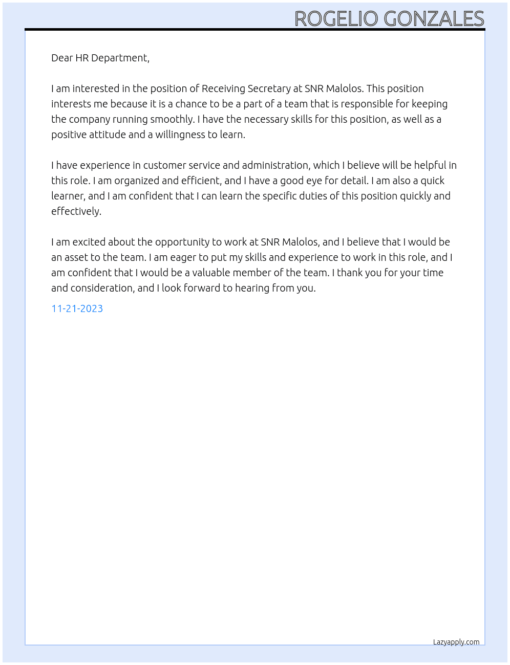 Receving Secretary At SNR Malolos Cover Letter