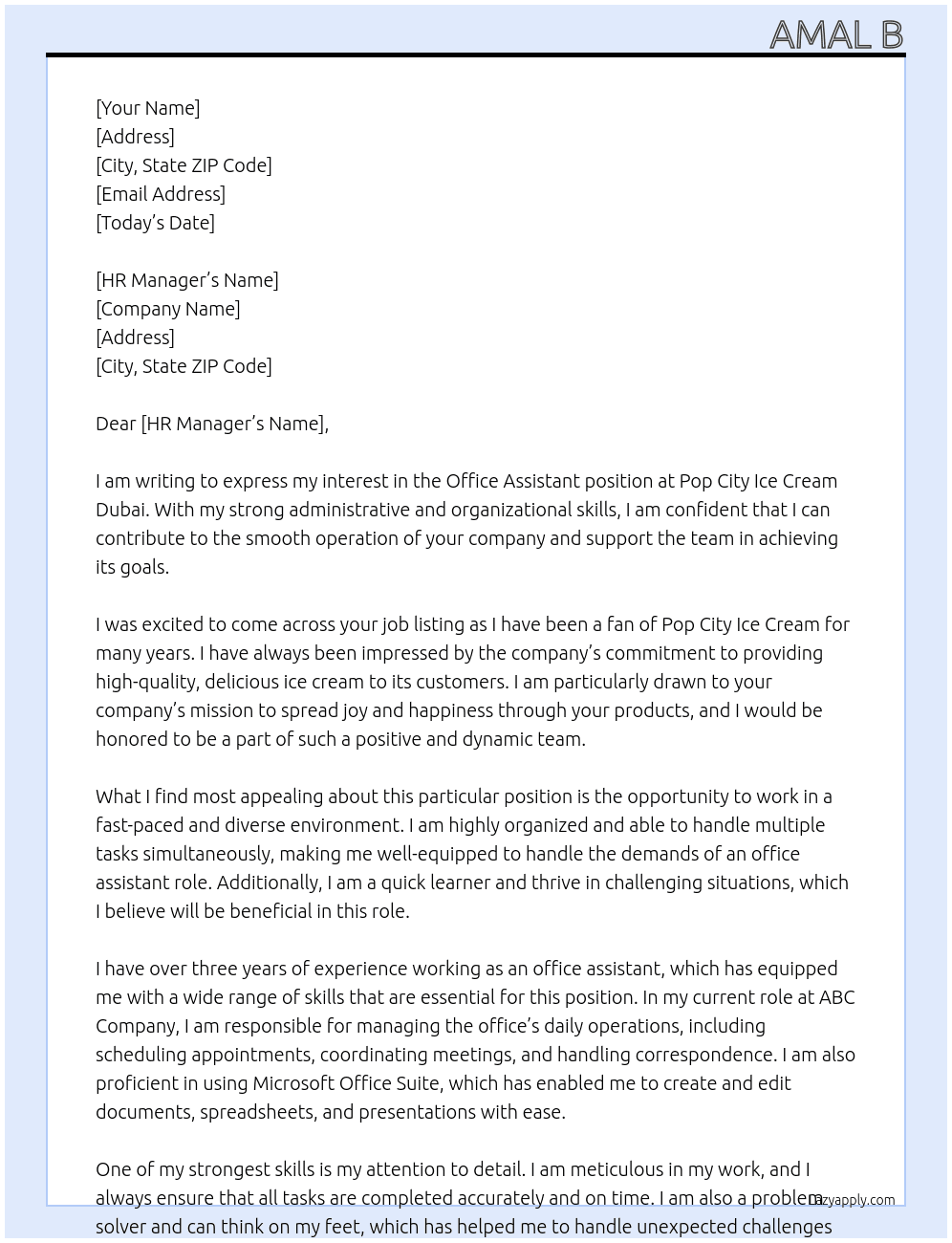 Office assistant  At Pop city ice cream dubai  Cover Letter