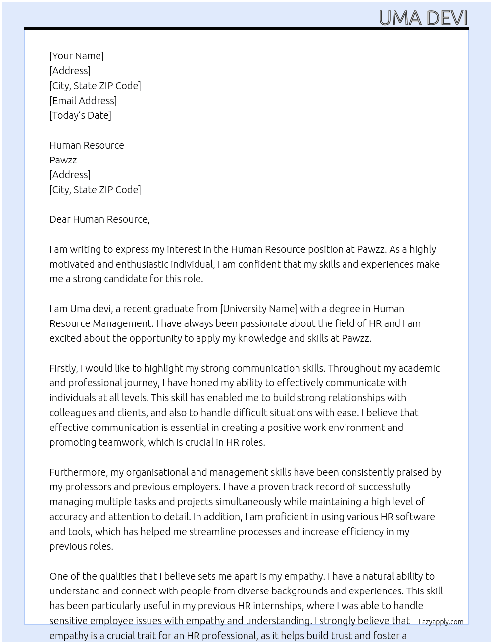Human Resource  At Pawzz Cover Letter