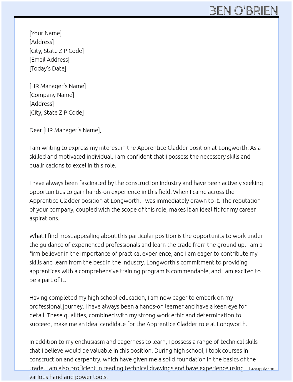 Apprentice Cladder At Longworth Cover Letter