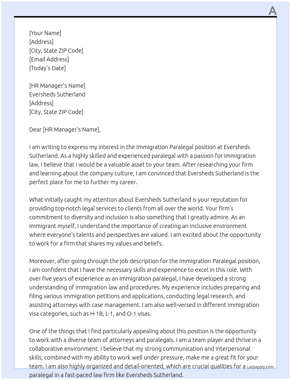 Immigration Paralegal At Eversheds Sutherland Cover Letter
