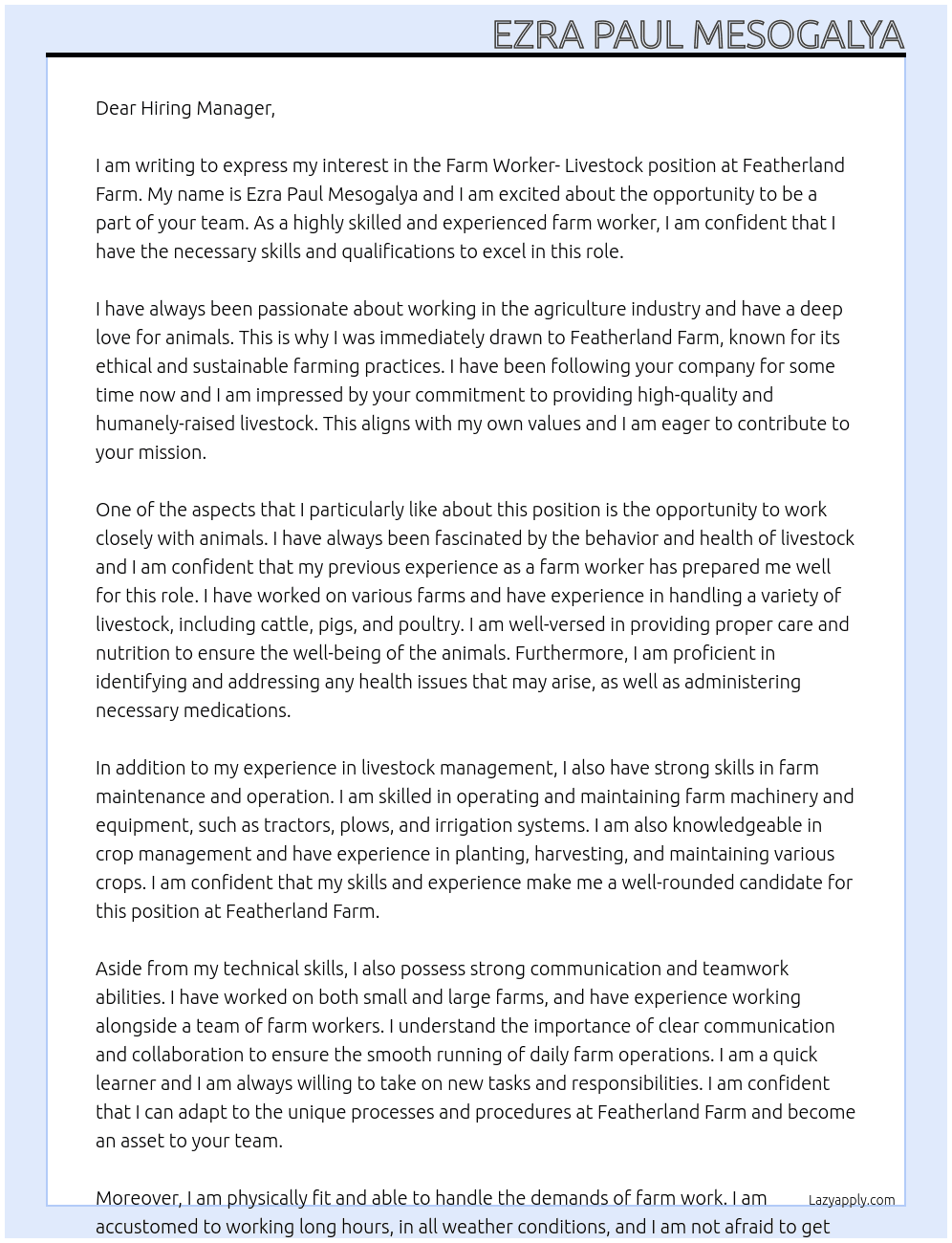 Cover letter for farm worker- livestock - LazyApply