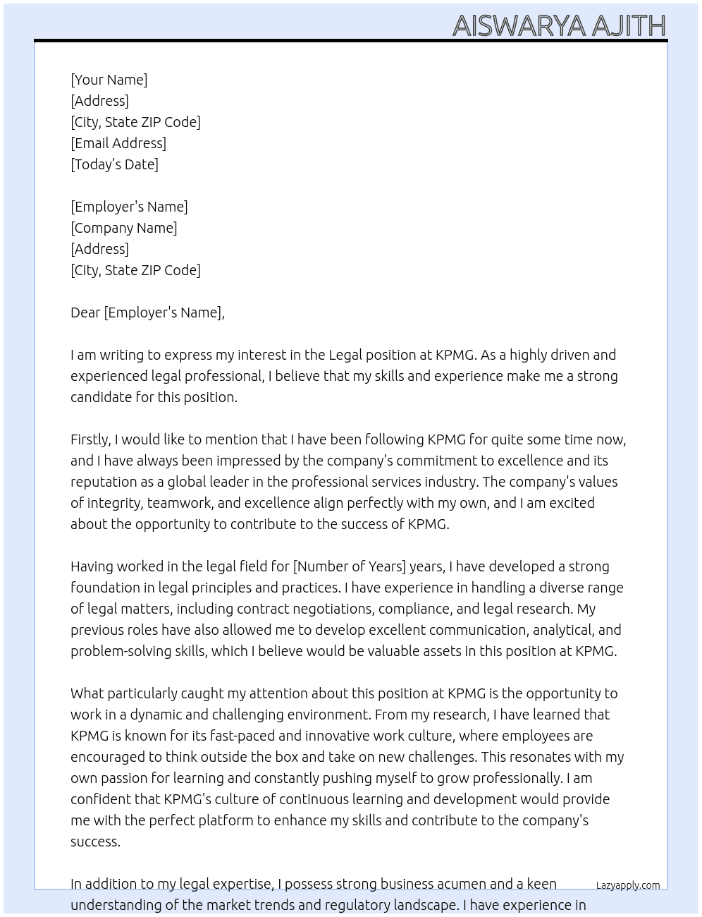 Legal  At KPMG Cover Letter