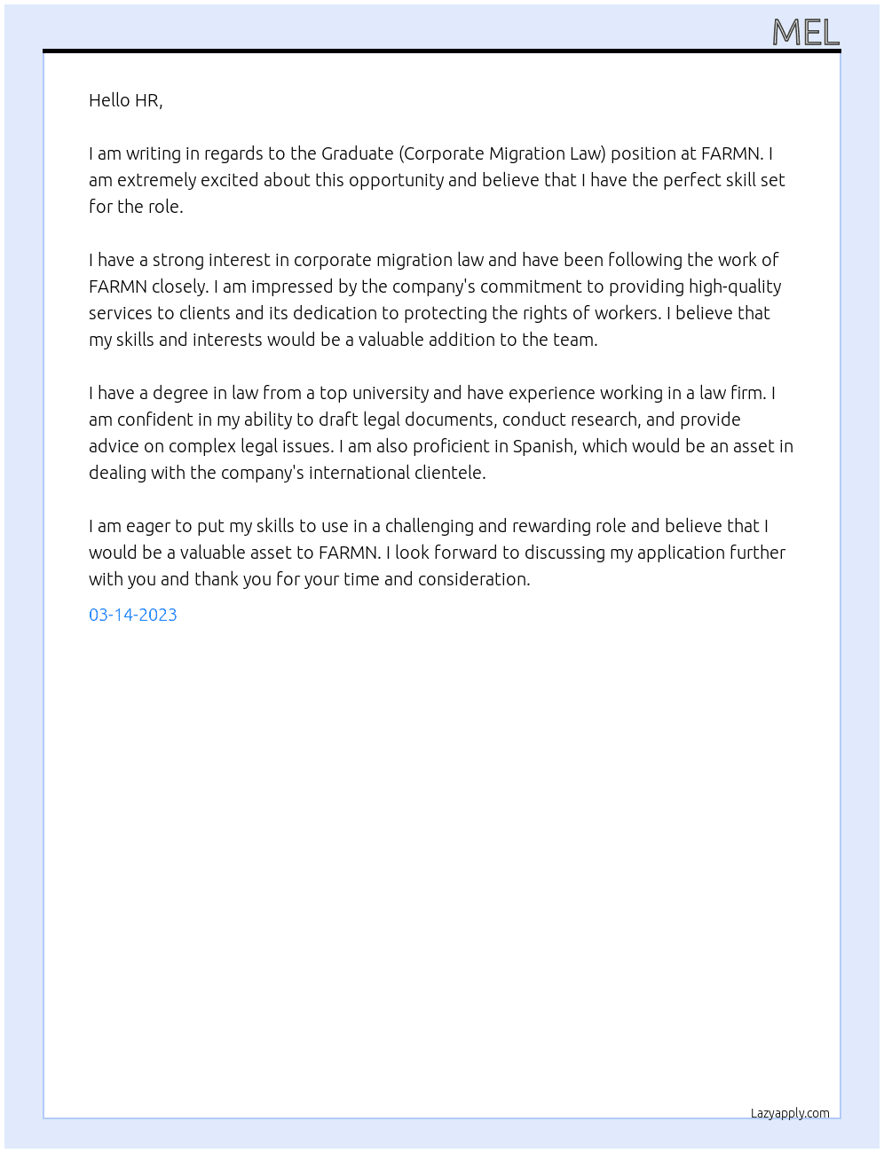 Graduate (Corporate Migration Law) At FARMN Cover Letter