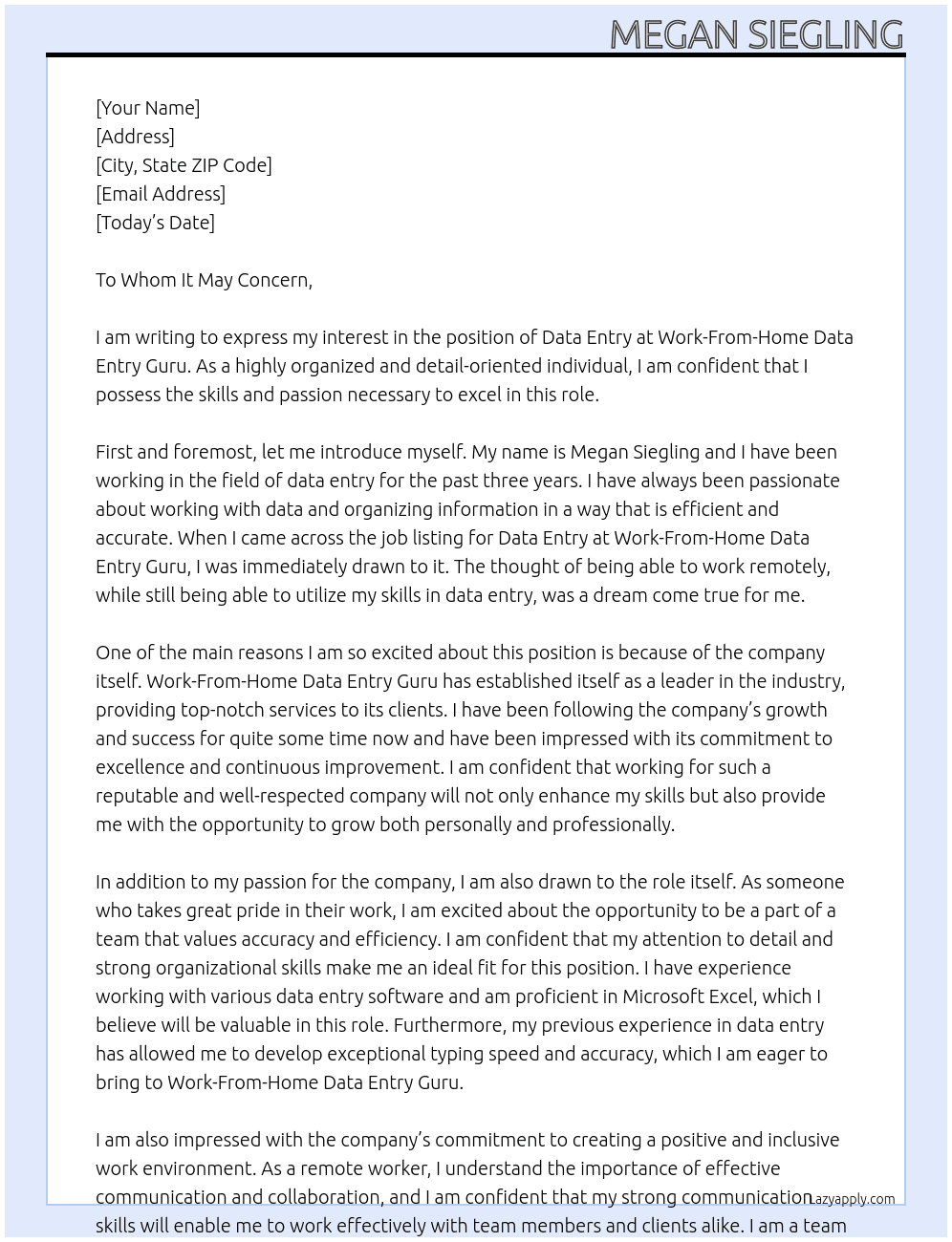 Data entry At Work-From-Home Data Entry Guru Cover Letter