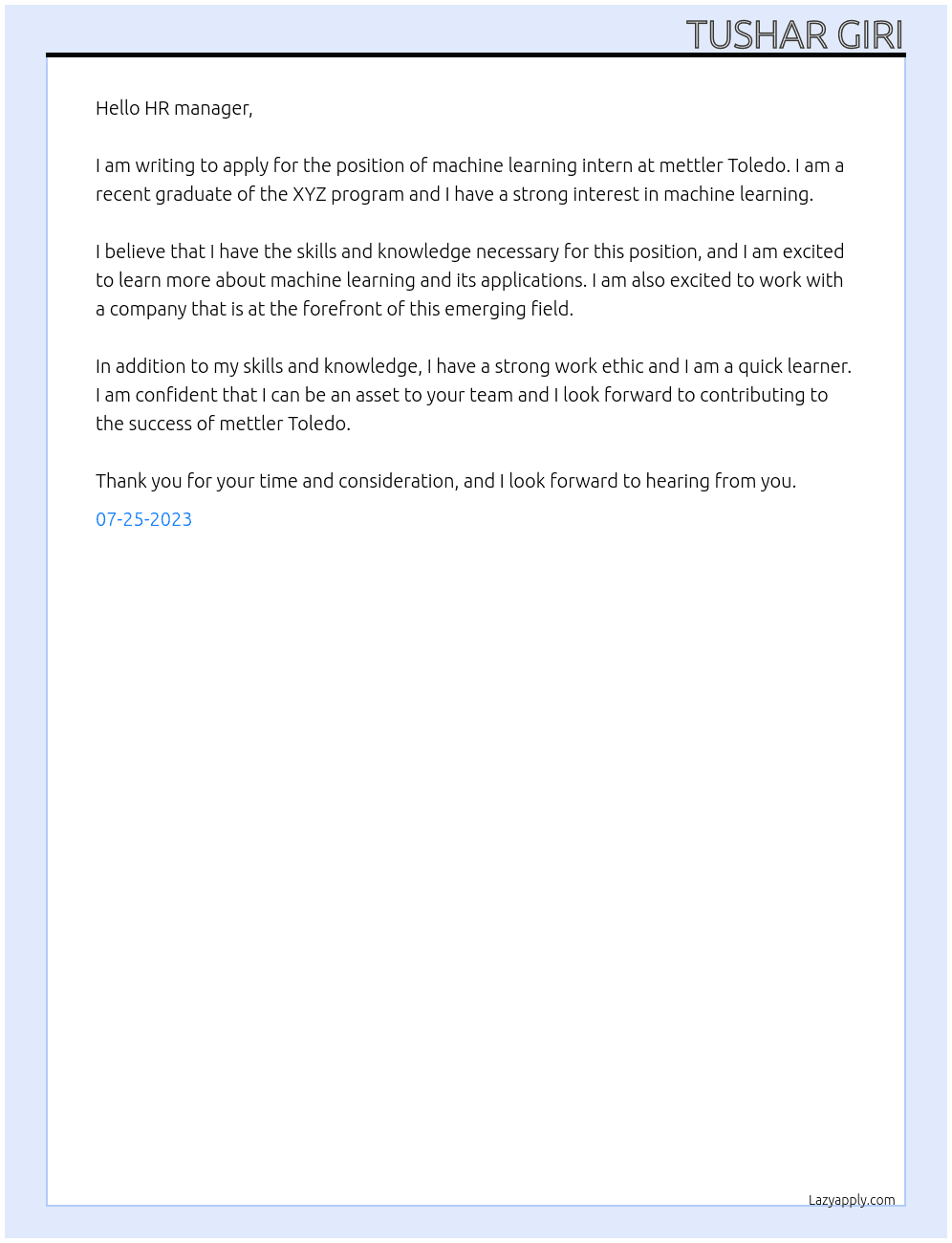 Machine Learning At Machine learning intern at mettler Toledo Cover Letter