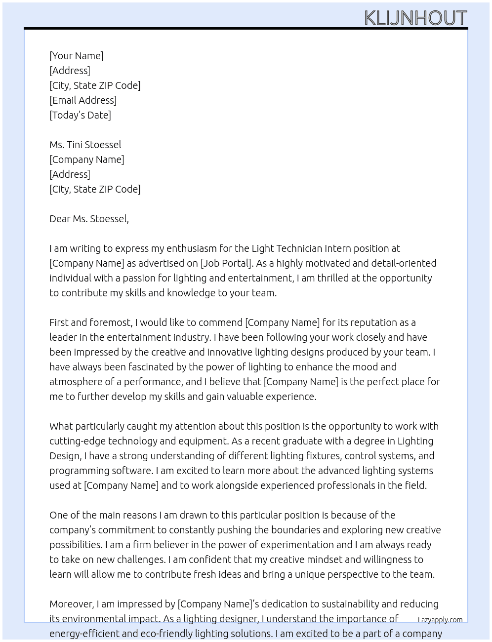 Light technician intern At Tini Stoessel Cover Letter