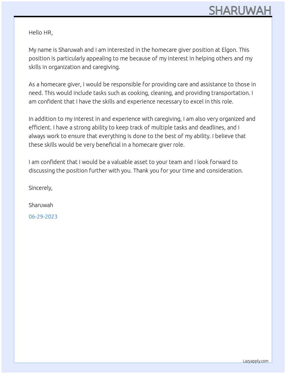 homecare giver  At  elgon  Cover Letter