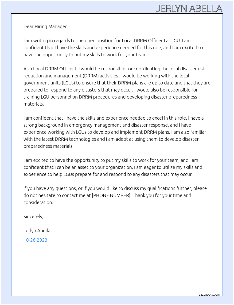 Local DRRM Officer I At LGU  Cover Letter