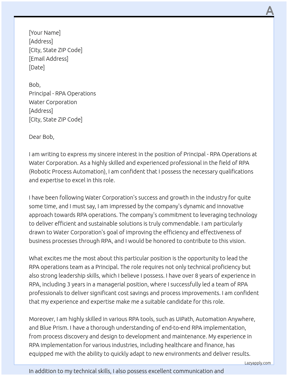 Principal - RPA Operations  At Water COporation Cover Letter