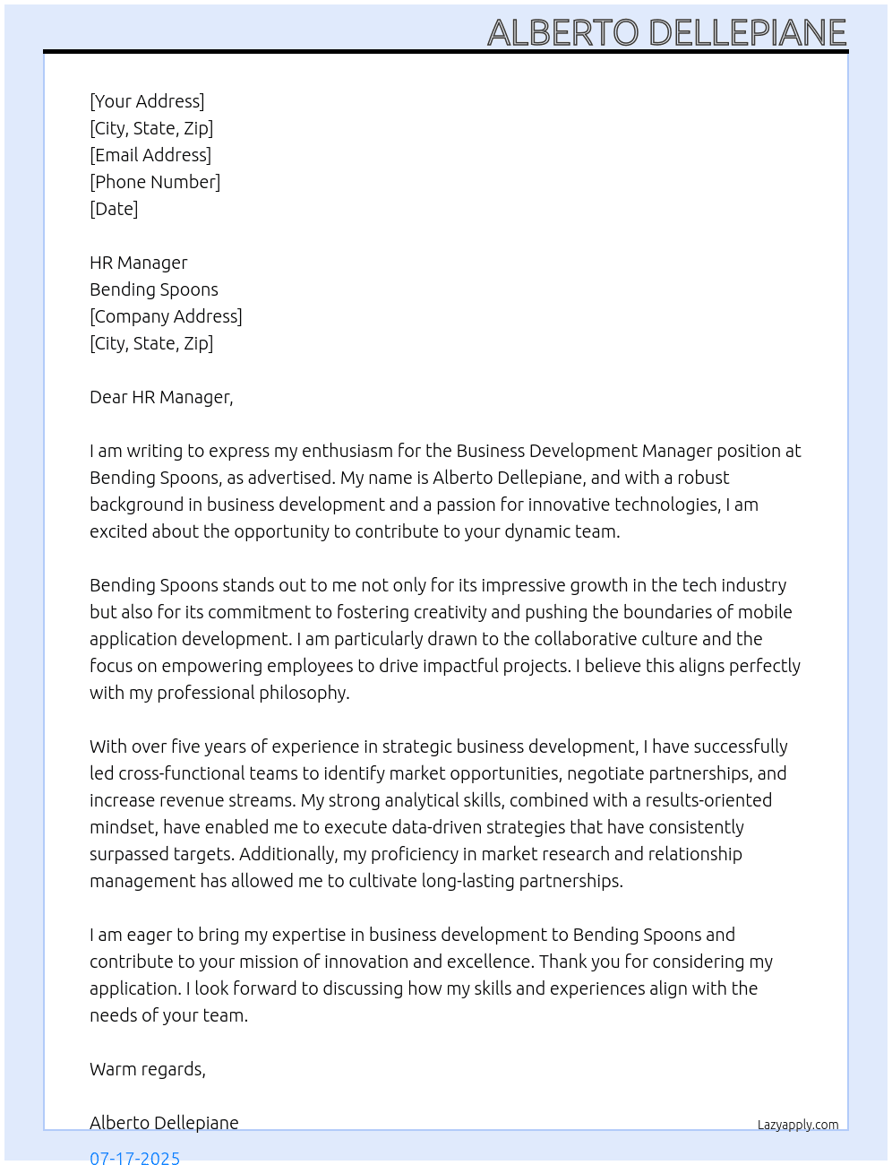 Business Development Manager At Bending Spoons Cover Letter