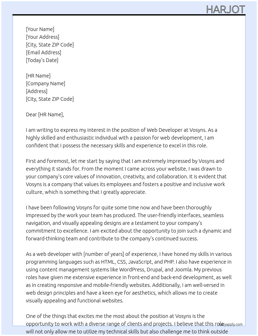 Web developer  At Vosyns Cover Letter