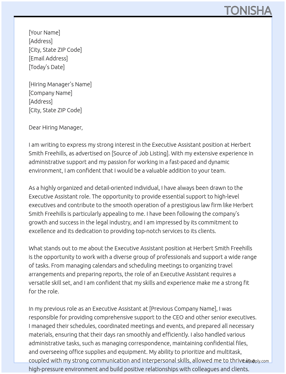 Executive assistant  At Herbert Smith Freehills. Cover Letter