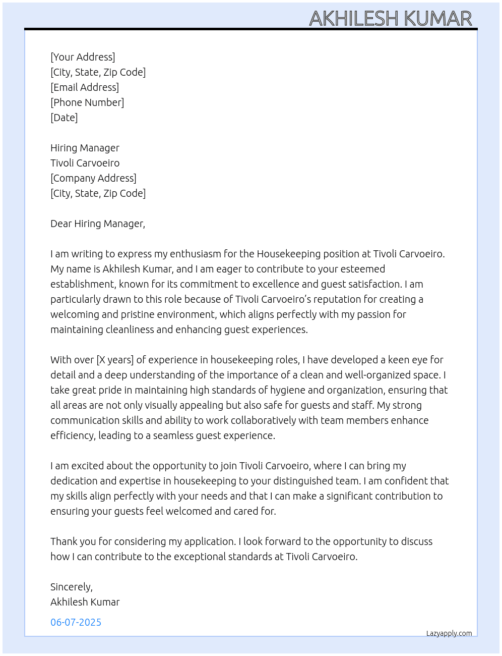Housekeeping cleaning  At Tivoli carvoeiro Cover Letter