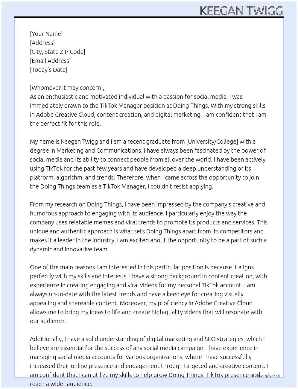 TikTok Manager At Doing Things Cover Letter