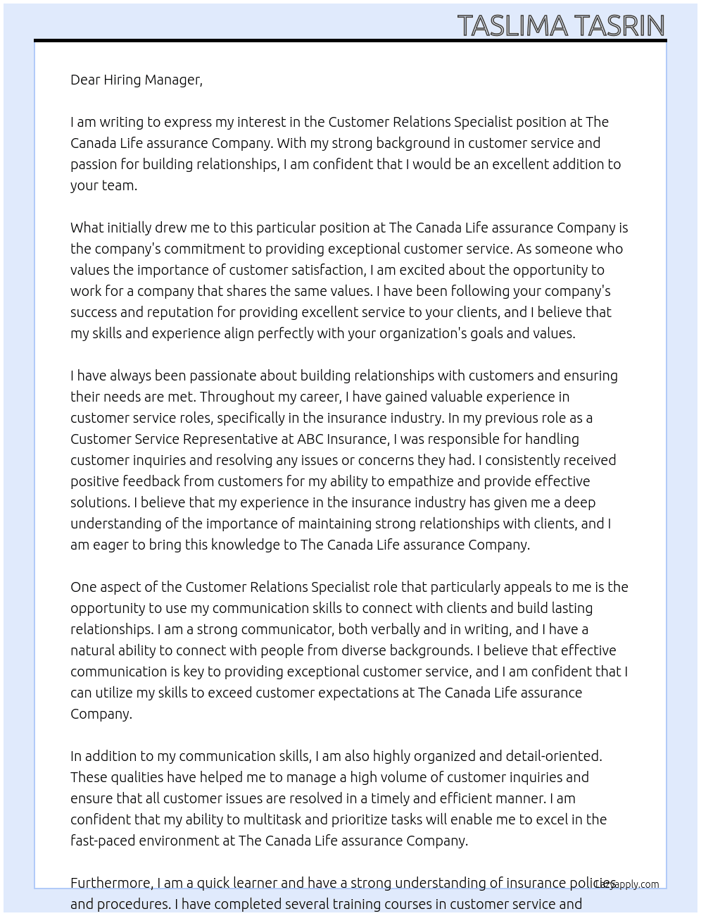 Customer Relations Specialist At The Canada Life assurance Company  Cover Letter