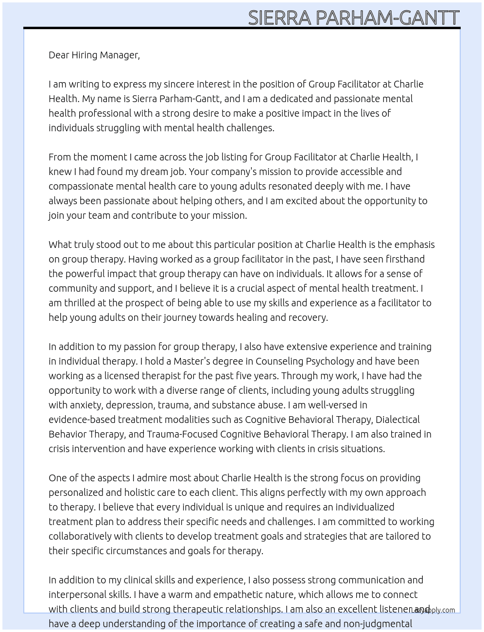 Group Facilitator At Charlie Health Cover Letter