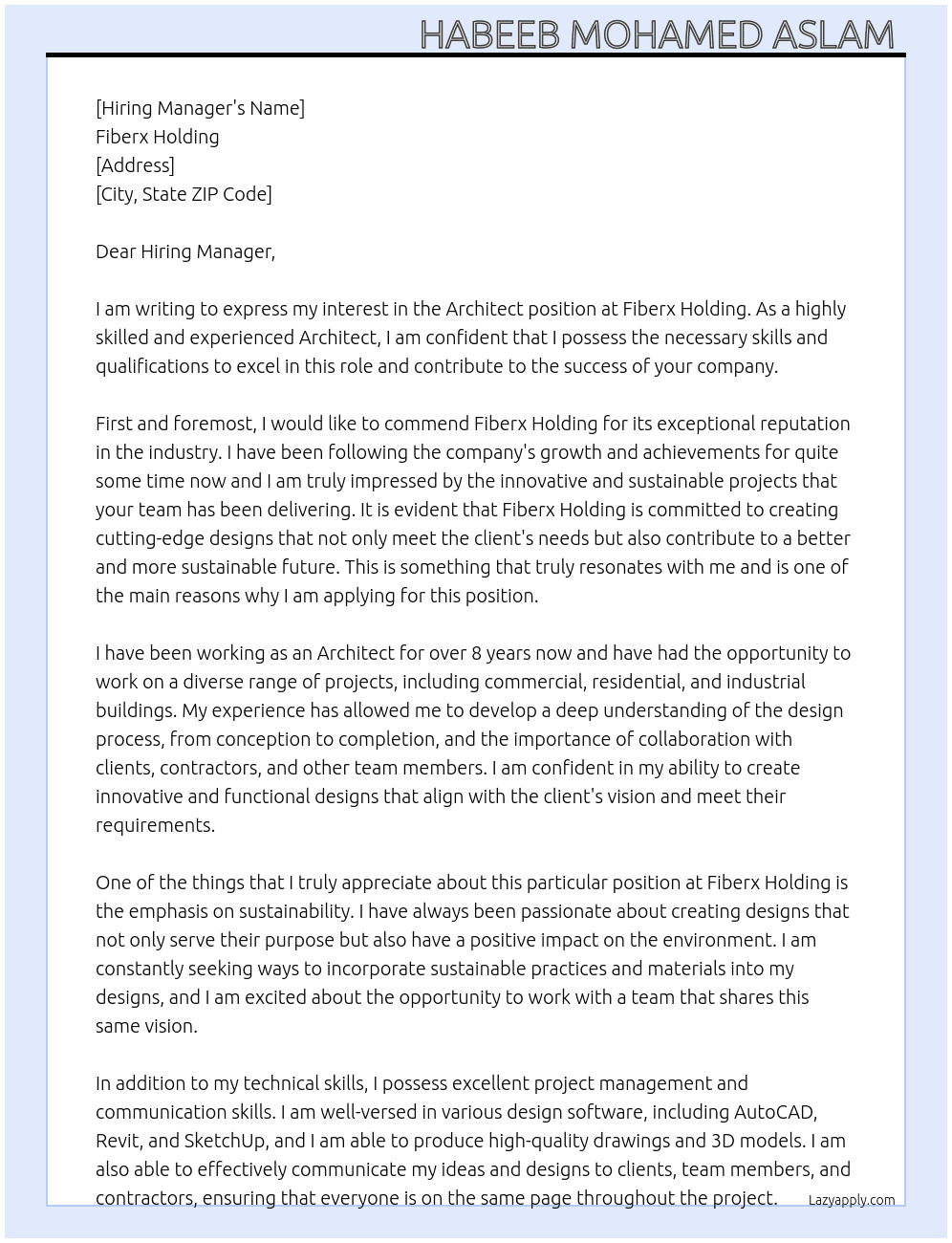 Architect  At Fiberx holding Cover Letter