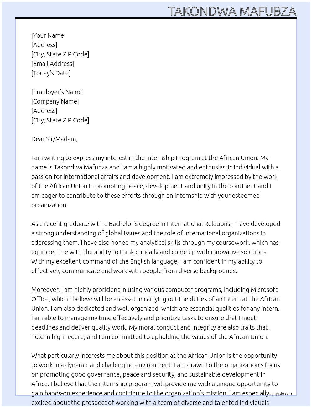 Internship Program At African Union Cover Letter