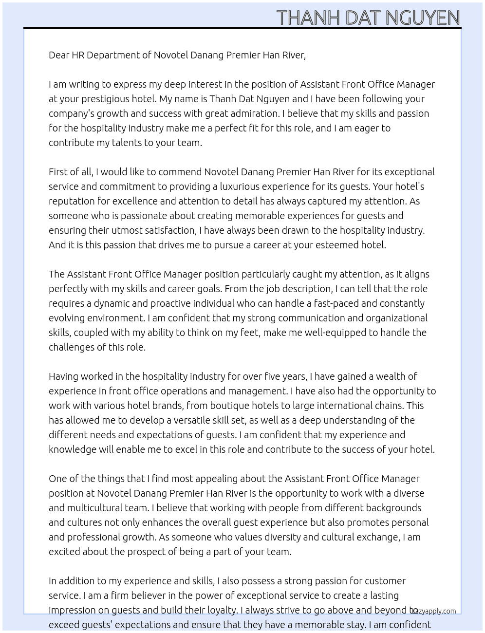 Assistant Front office manager At Novotel Danang Premier Han River Cover Letter