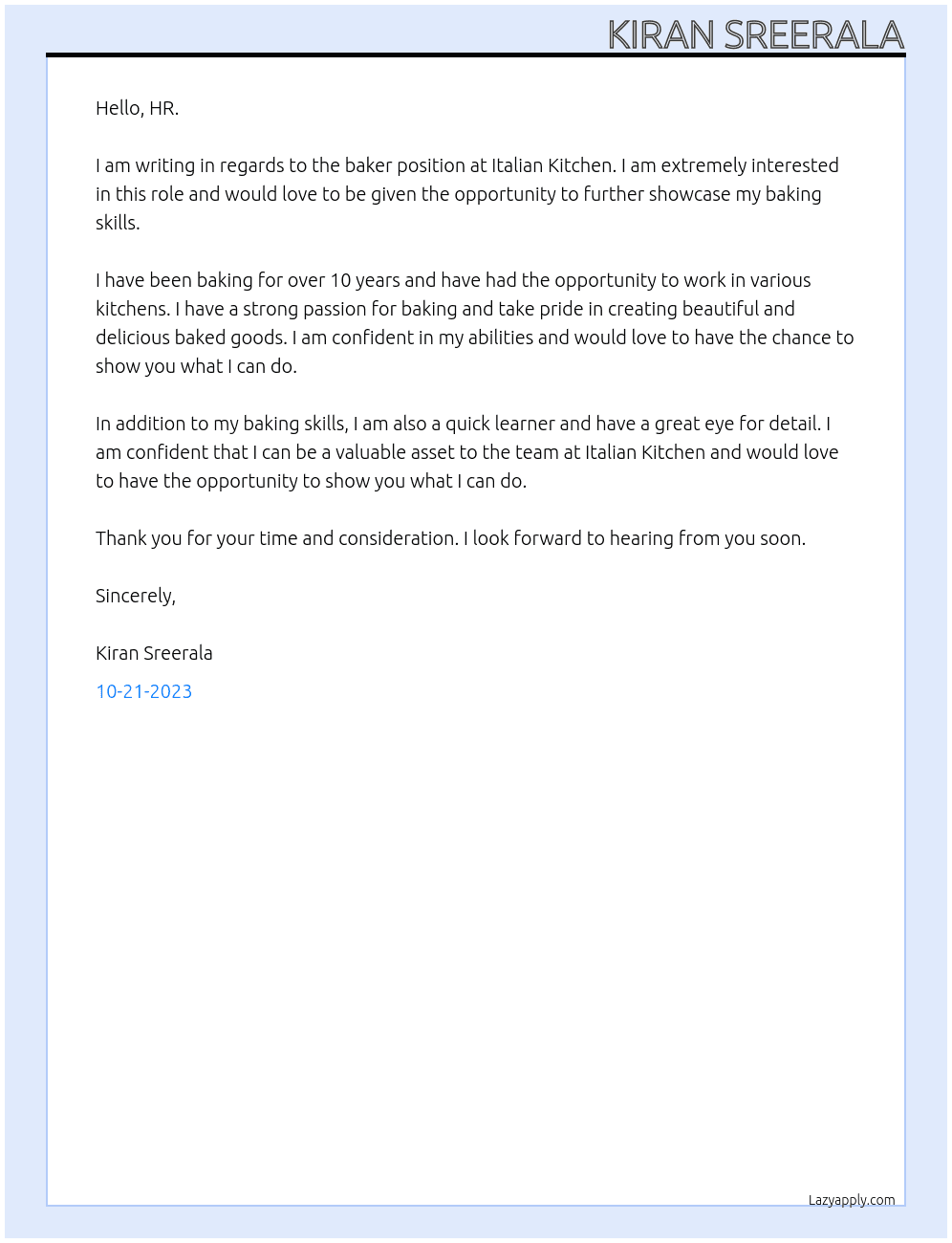 baker At Italian Kitchen Cover Letter