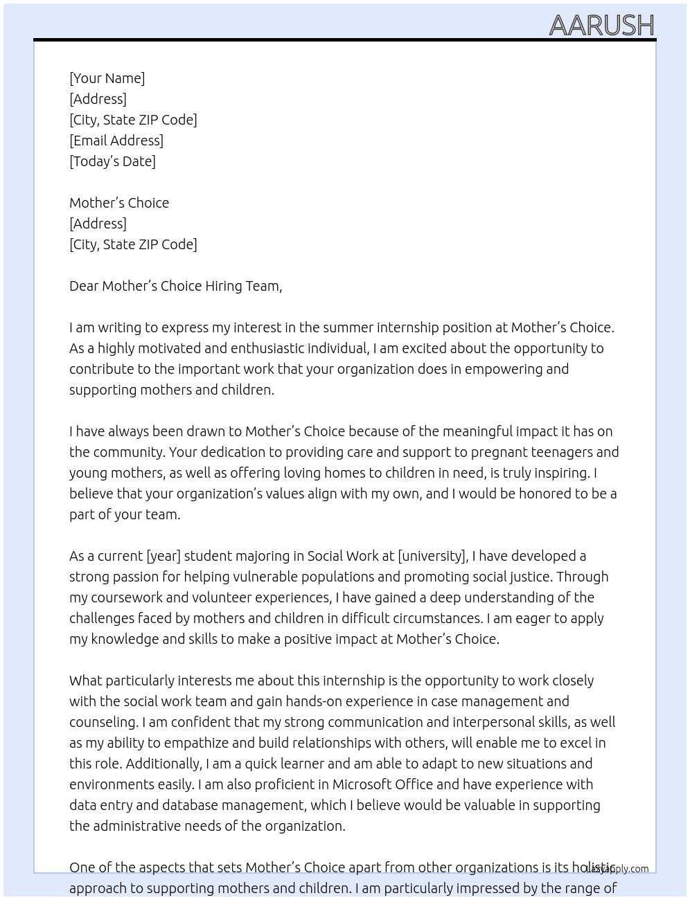 summer internship at Mother's choice  At Mother’s Choice Cover Letter