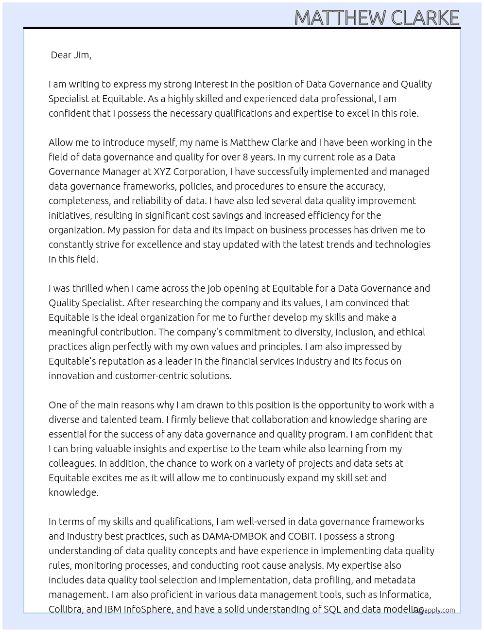 Data Governance and Quality Specialist At Equitable Cover Letter