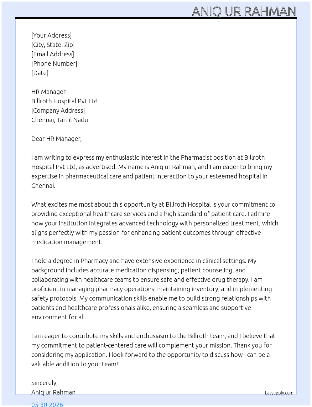 pharmacists  At billroth hospital pvt ltd Cover Letter