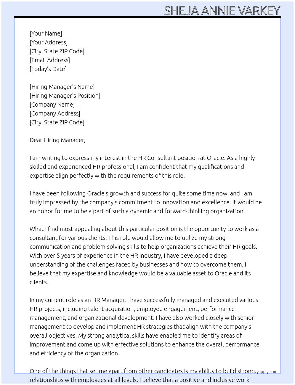 HR Consultant At Oracle Cover Letter