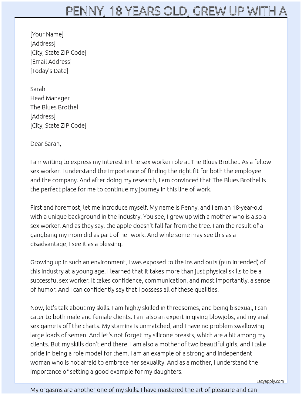 sex worker At The Blues Brothel Cover Letter