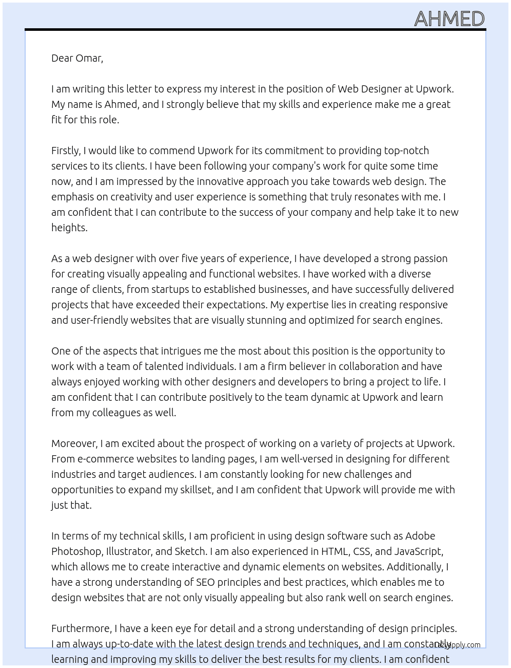 web designer At upwork client Cover Letter