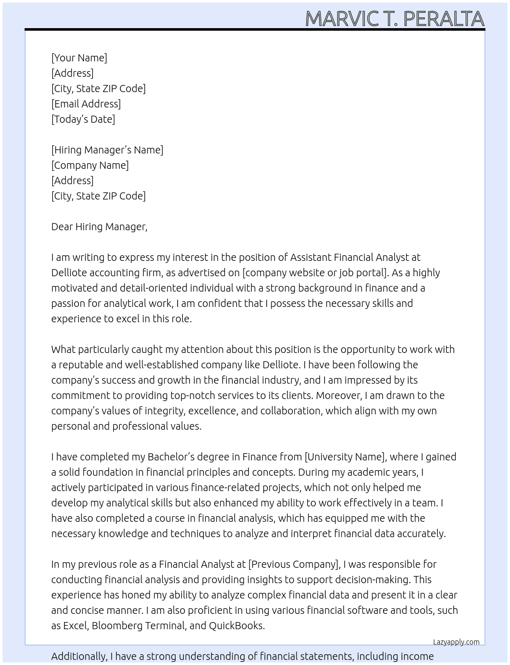 Assistant financial analyst At Delliote accounting firm Cover Letter