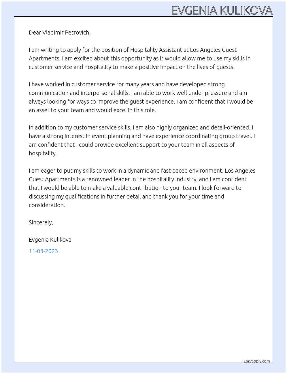 Hospitality Assistant At Los Angeles Guest Apartments Cover Letter