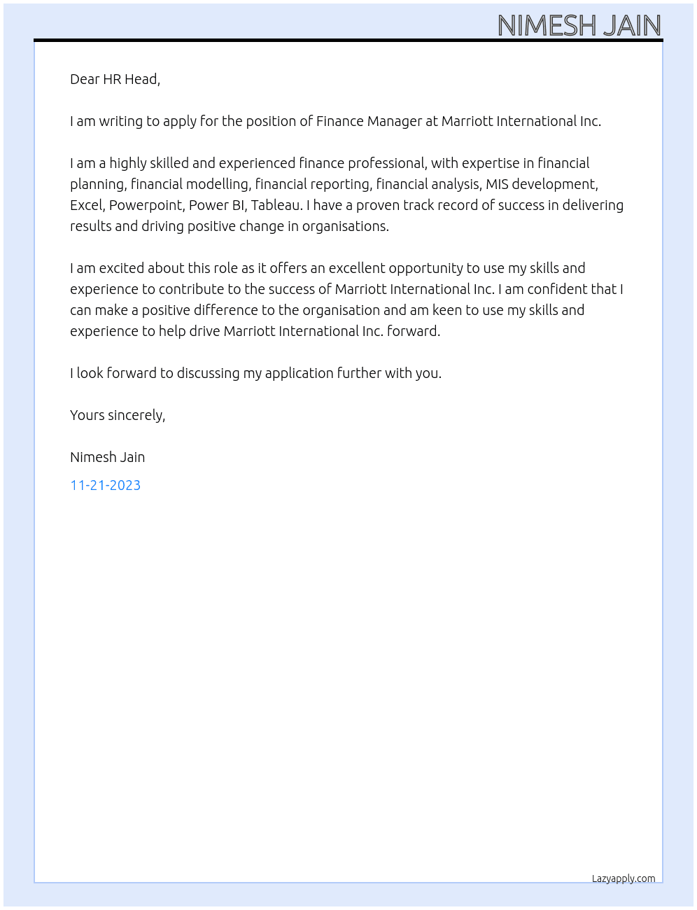 Finance Manager At Marriott International Inc. Cover Letter